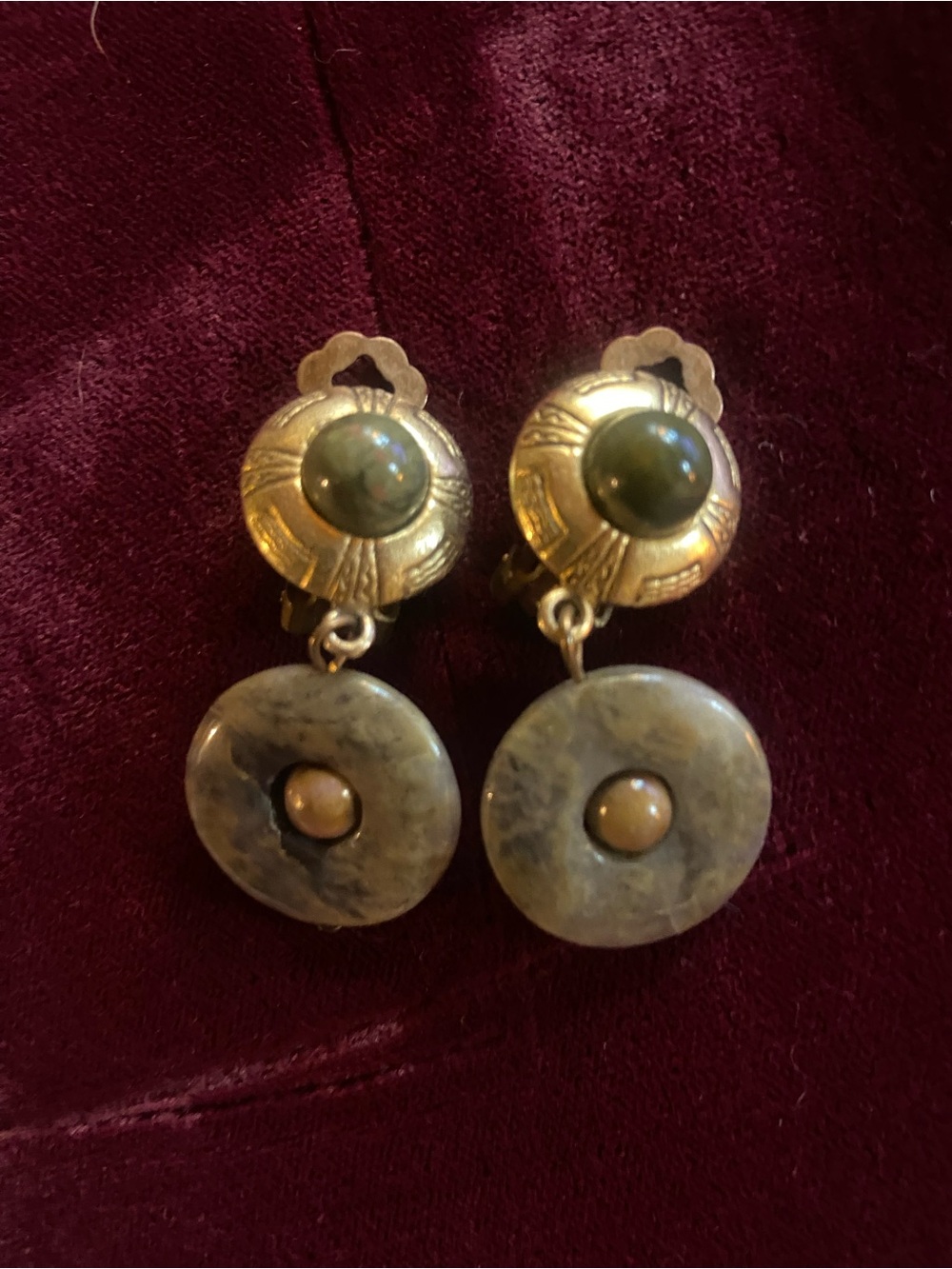 Gold-Tone Drop Earrings with Olive and Gray Stone Discs